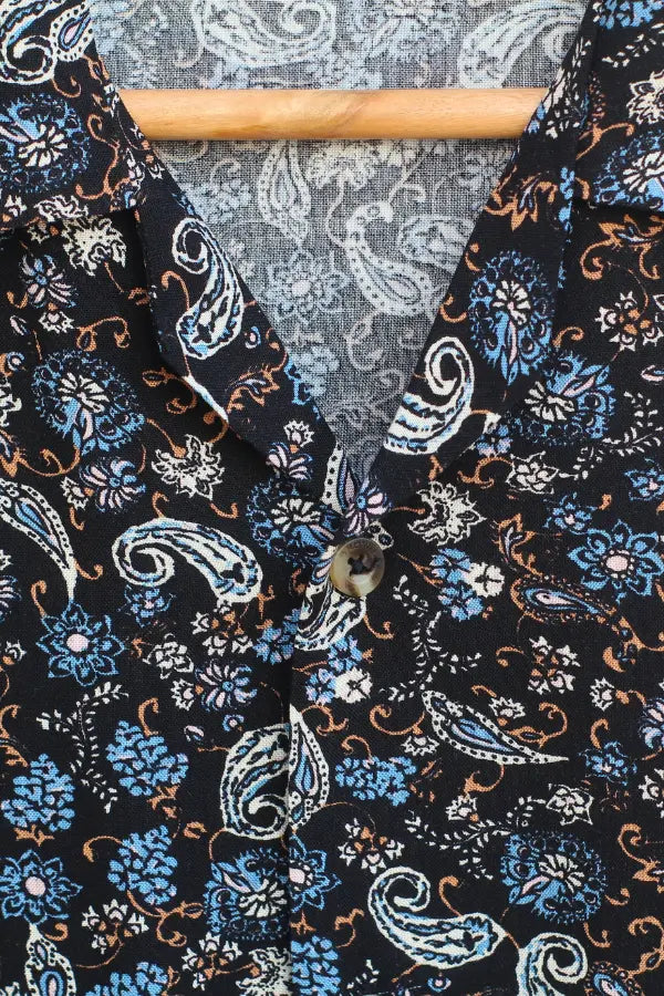 Black and Blue Leaf Printed Half Sleeve Shirt For Men's