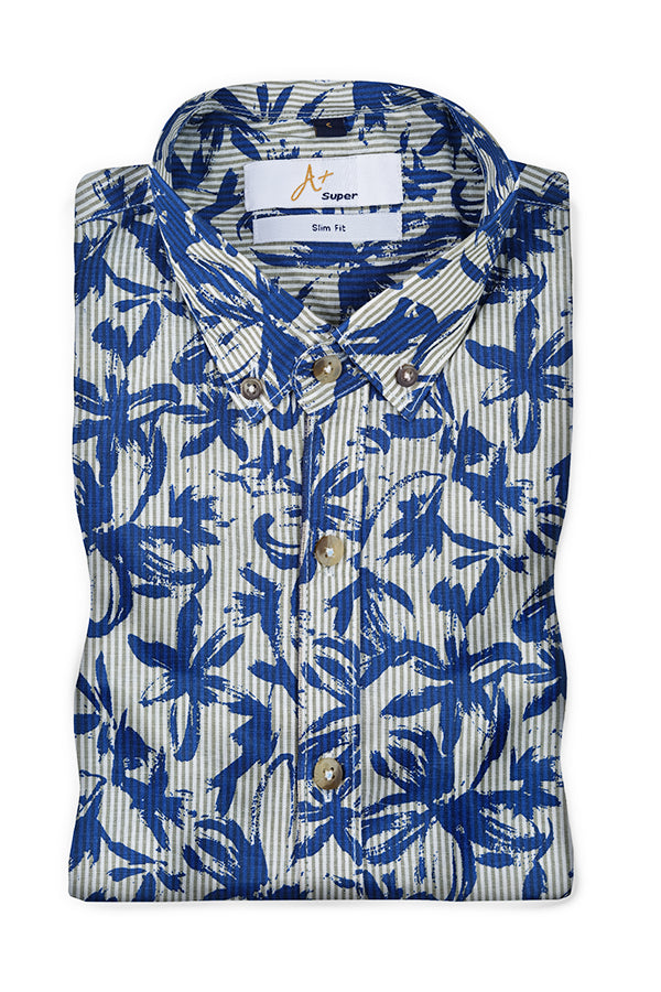 Blue Leaf Printed Stripes Casual Shirt - Aruba+ Super Smart Fit