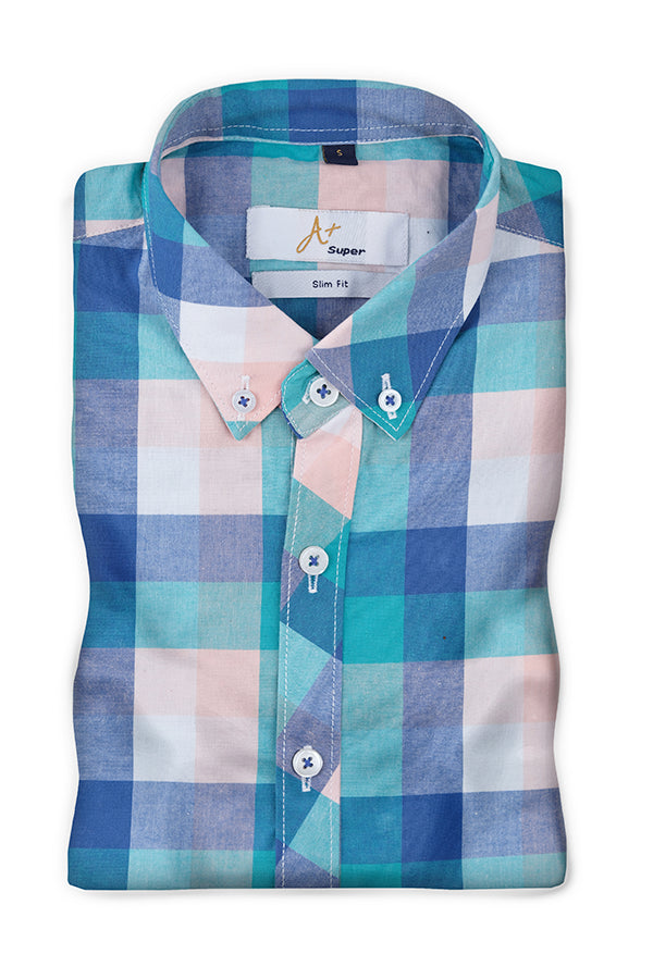 Blue & Aqua Marine Casual Check Shirt - Aruba+ Super Smart Fit