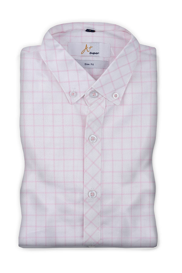 White Casual Shirt with Light Pink Grid Checks - Aruba+ Super Smart Fit