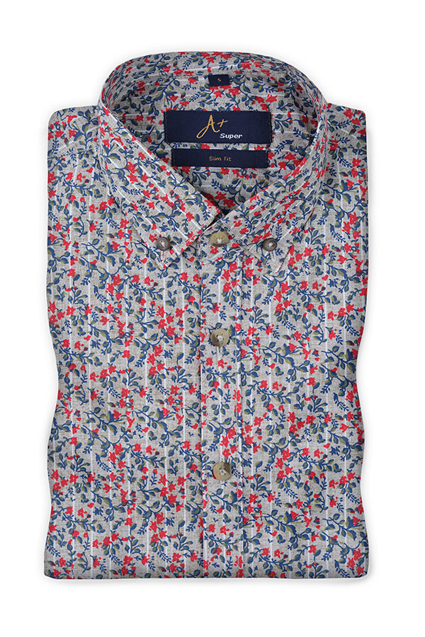 Red Over Grey Floral Printed Casual Shirt - Aruba+ Super Smart Fit