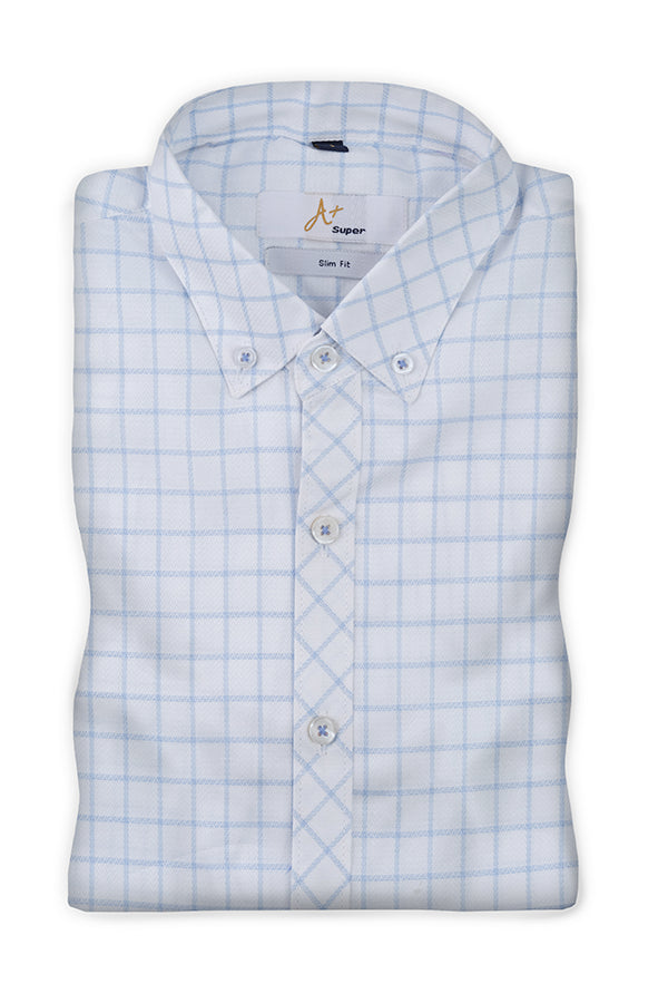 White Casual Shirt with Light Blue Grid Checks - Aruba+ Super Smart Fit
