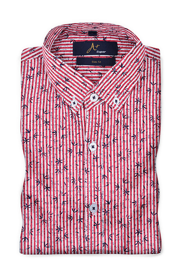 Leaf Pattern Over Red Stripes Casual Shirt - Aruba+ Super Smart Fit