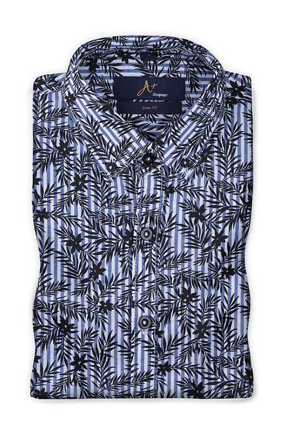 Black Leaf Printed Stripes Casual Shirt - Aruba+ Super Smart Fit