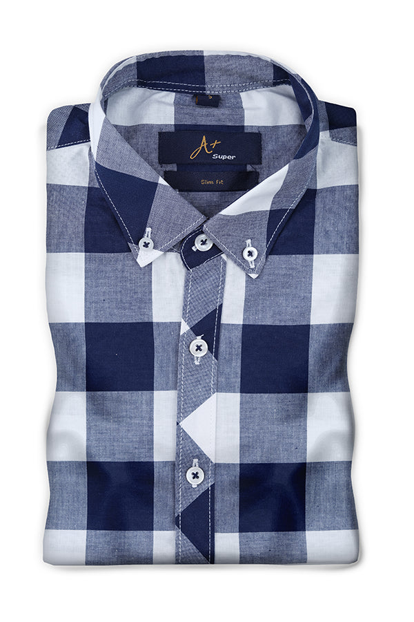 Dark Blue White Wide Checks Casual Shirt - Aruba+ Super Smart Fit