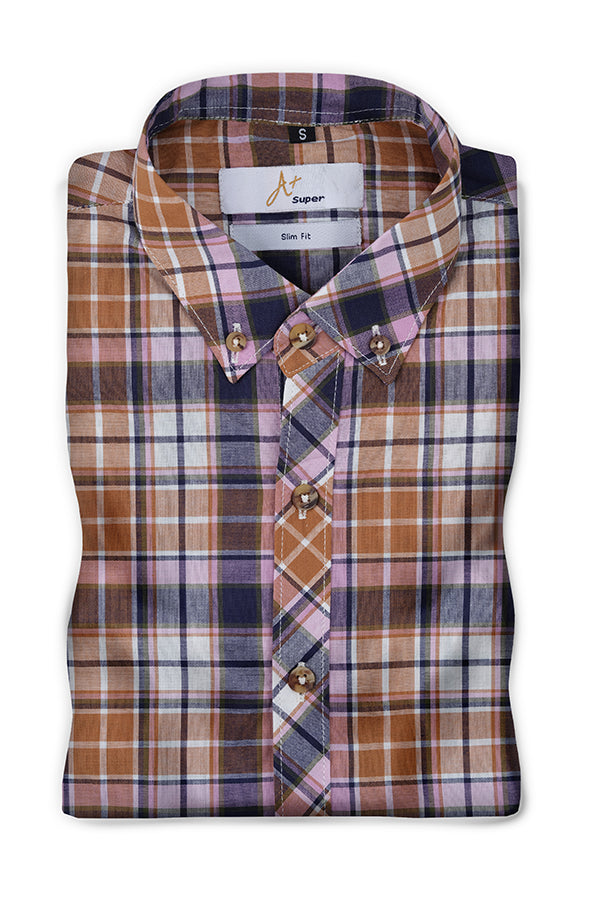 Brown Light Pink Plaids Casual Shirt - Aruba+ Super Smart Fit