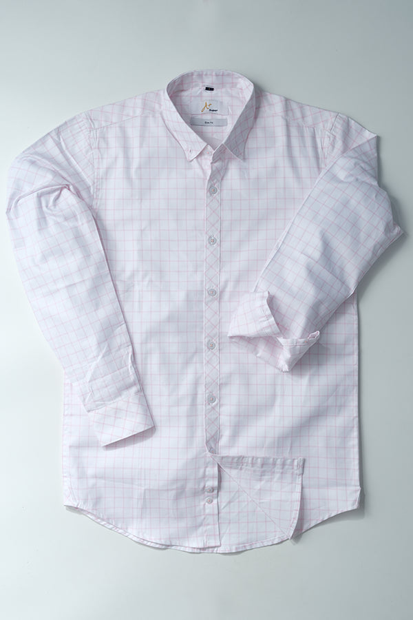 White Casual Shirt with Light Pink Grid Checks - Aruba+ Super Smart Fit
