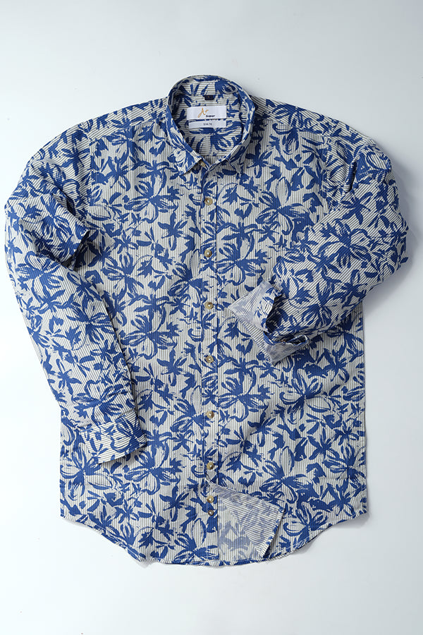 Blue Leaf Printed Stripes Casual Shirt - Aruba+ Super Smart Fit
