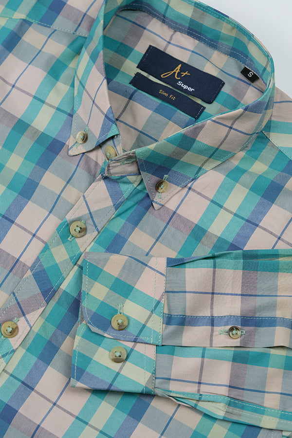 Grey Turquoise Blue Plaids Casual Shirt - Aruba+ Super Smart Fit