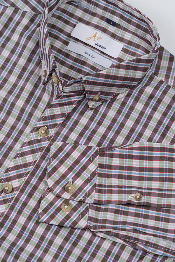 Light Red Green Tartan Casual Shirt - Aruba+ Super Smart Fit