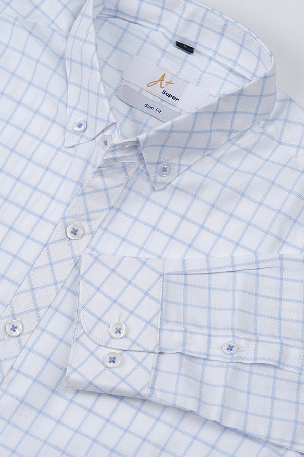 White Casual Shirt with Light Blue Grid Checks - Aruba+ Super Smart Fit