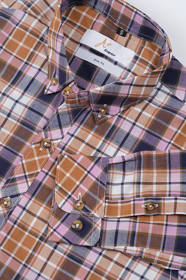 Brown Light Pink Plaids Casual Shirt - Aruba+ Super Smart Fit