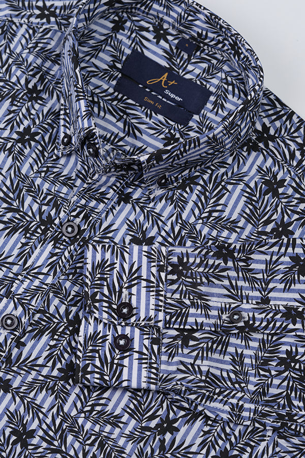 Black Leaf Printed Stripes Casual Shirt - Aruba+ Super Smart Fit