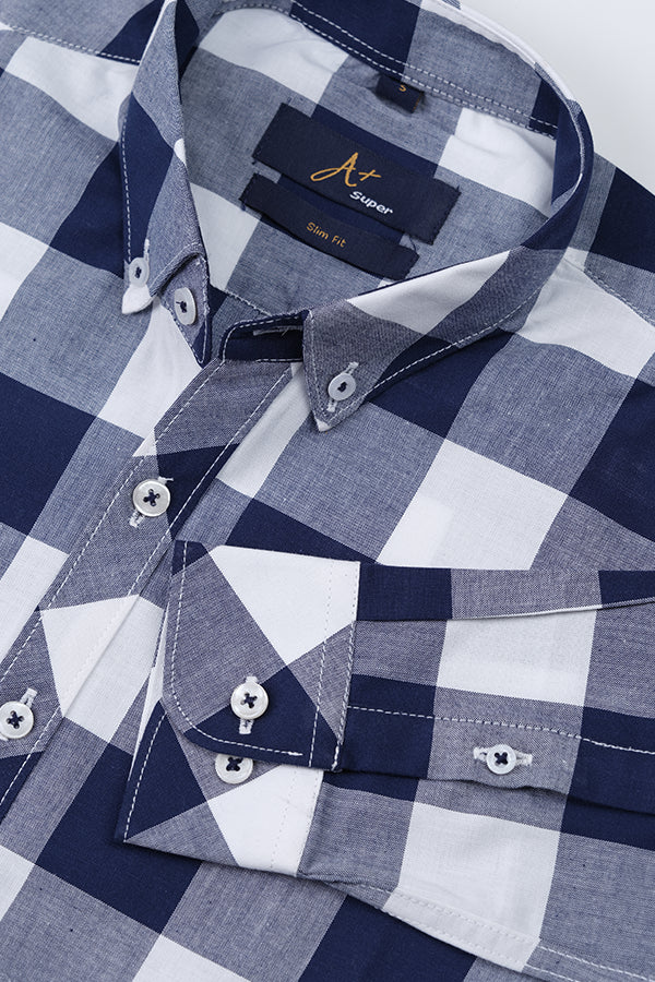 Dark Blue White Wide Checks Casual Shirt - Aruba+ Super Smart Fit