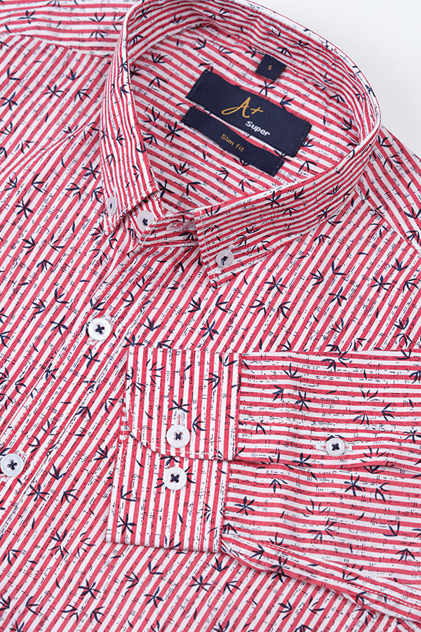 Leaf Pattern Over Red Stripes Casual Shirt - Aruba+ Super Smart Fit