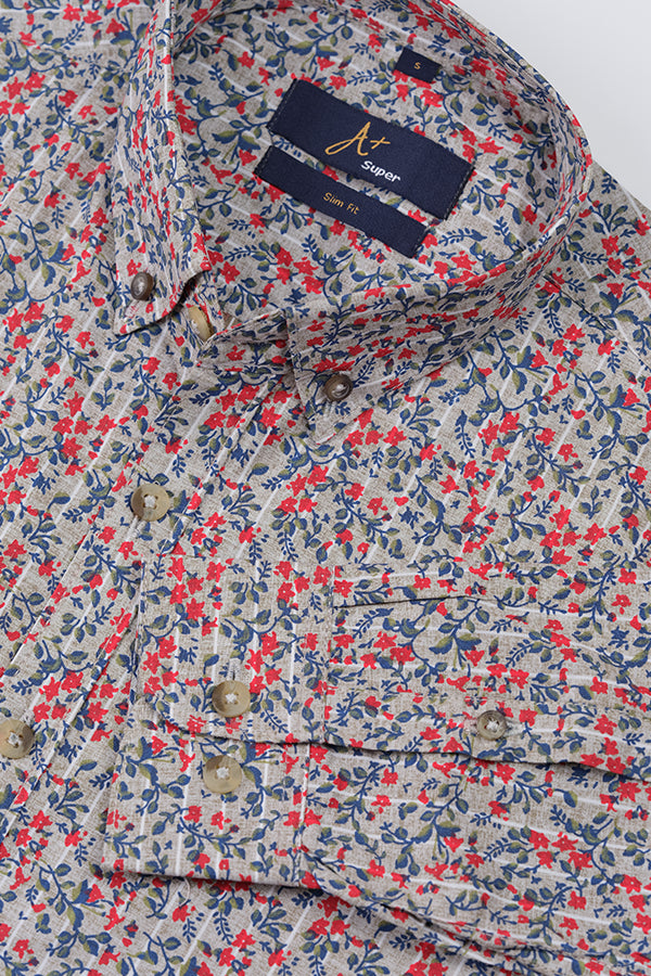 Red Over Grey Floral Printed Casual Shirt - Aruba+ Super Smart Fit