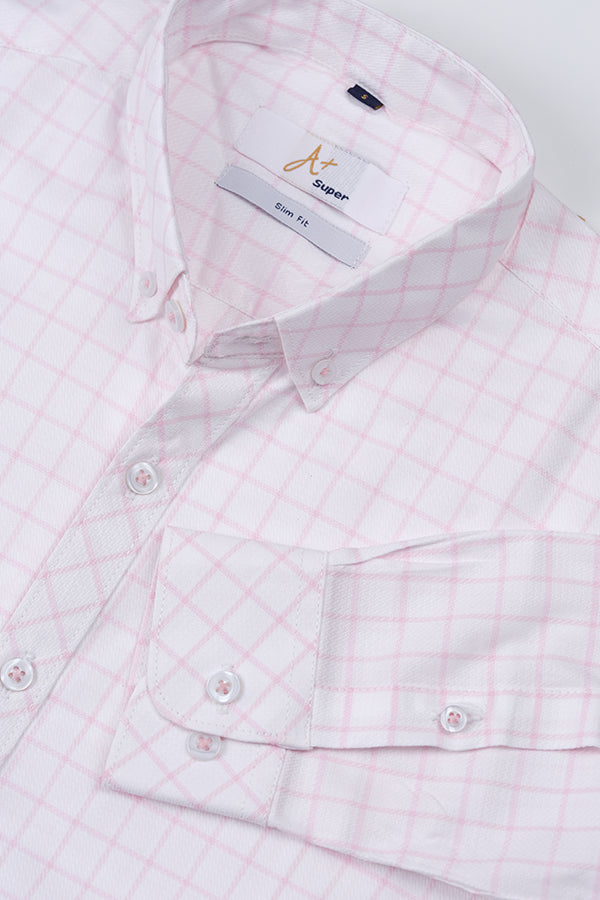 White Casual Shirt with Light Pink Grid Checks - Aruba+ Super Smart Fit