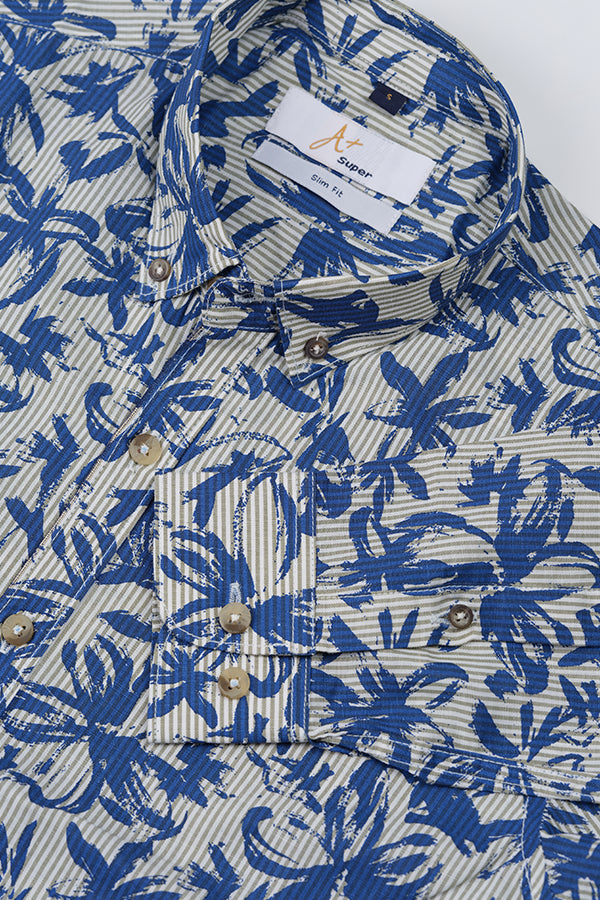 Blue Leaf Printed Stripes Casual Shirt - Aruba+ Super Smart Fit