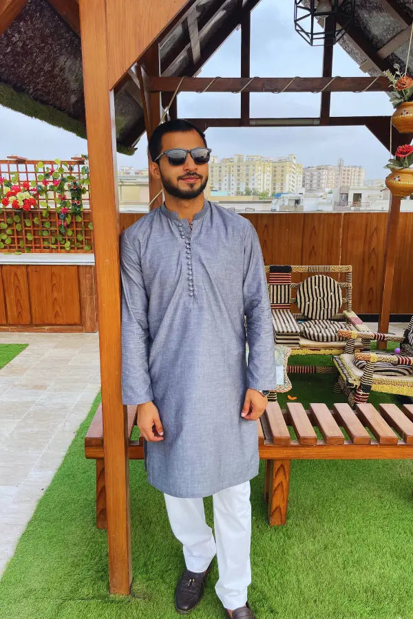 Grey Linen Kurta For Men's