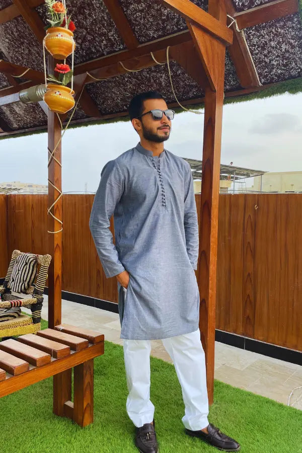 Grey Linen Kurta For Men's