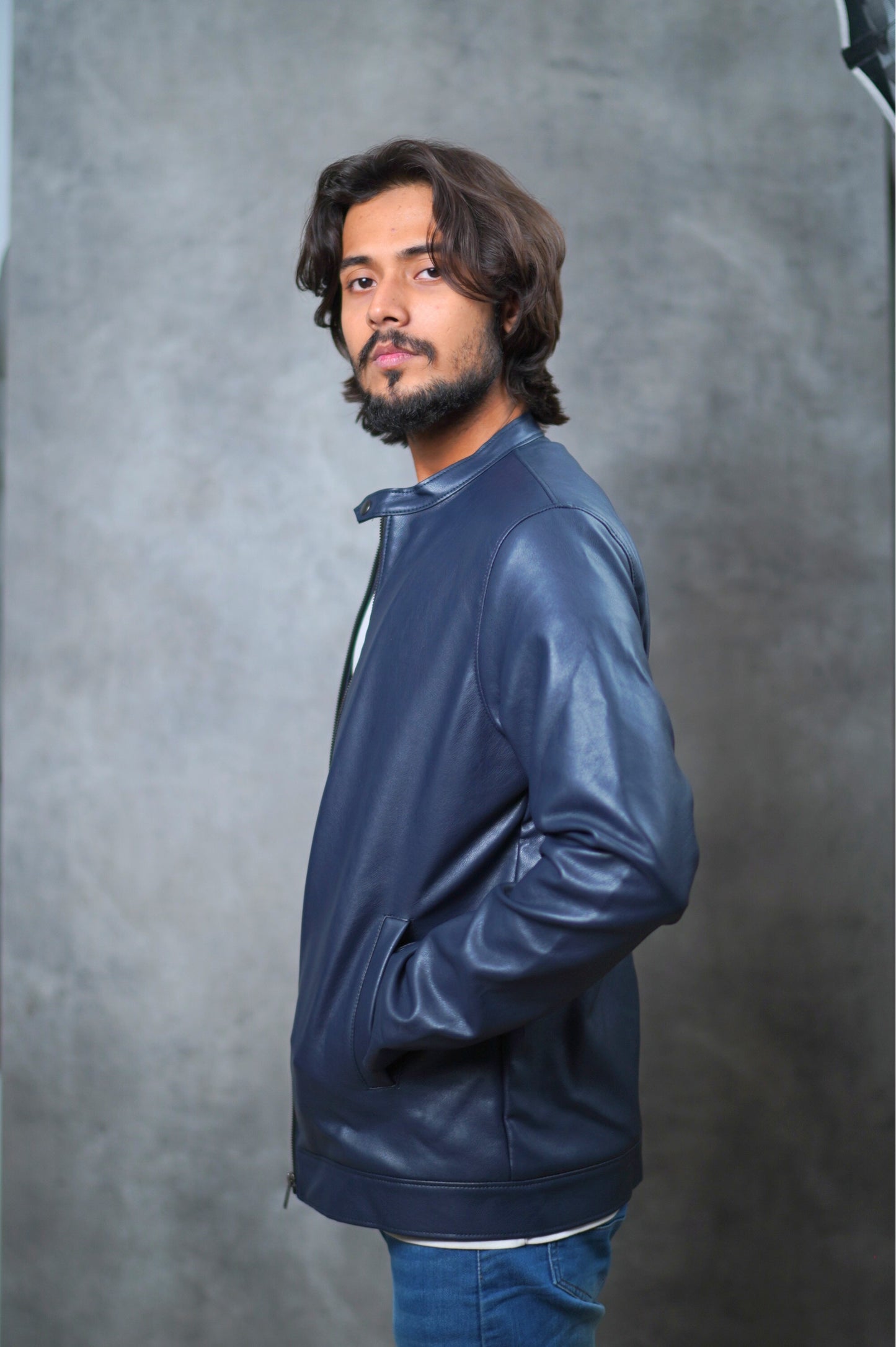 Men's Blue Faux Leather Jacket