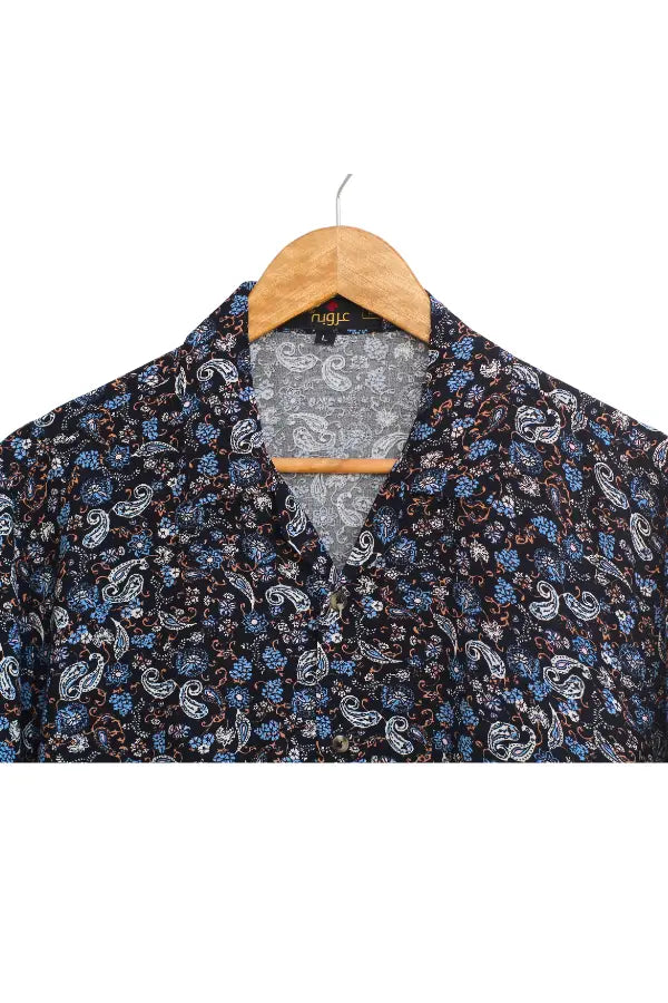 Black and Blue Leaf Printed Half Sleeve Shirt For Men's