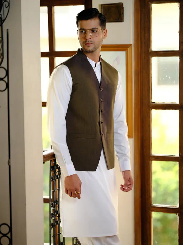 Men's Brown Self V-Neck Waist coat Aruba
