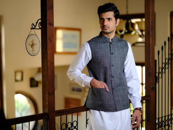 Men's Grey Checkered Self Waist coat - Aruba