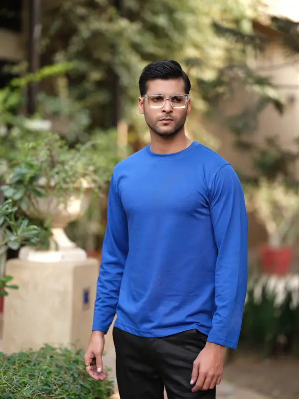 Blue Round Neck Full Sleeve T-Shirt - Main Image
