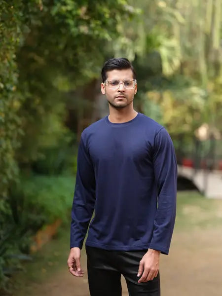 Dark Blue Round Neck Full Sleeve T-Shirt