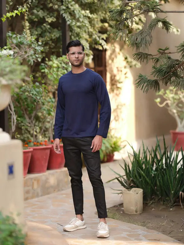 Dark Blue Round Neck Full Sleeve T-Shirt