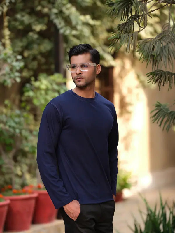 Dark Blue Round Neck Full Sleeve T-Shirt