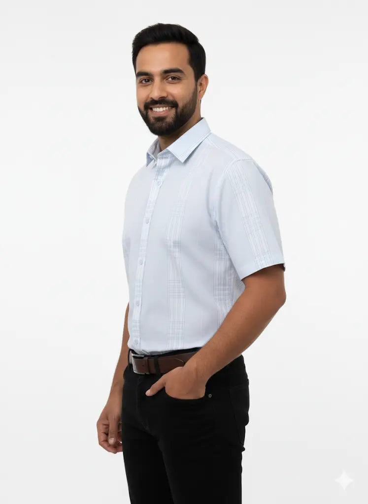 Sky Blue checkered Half Sleeve Shirt For Men's