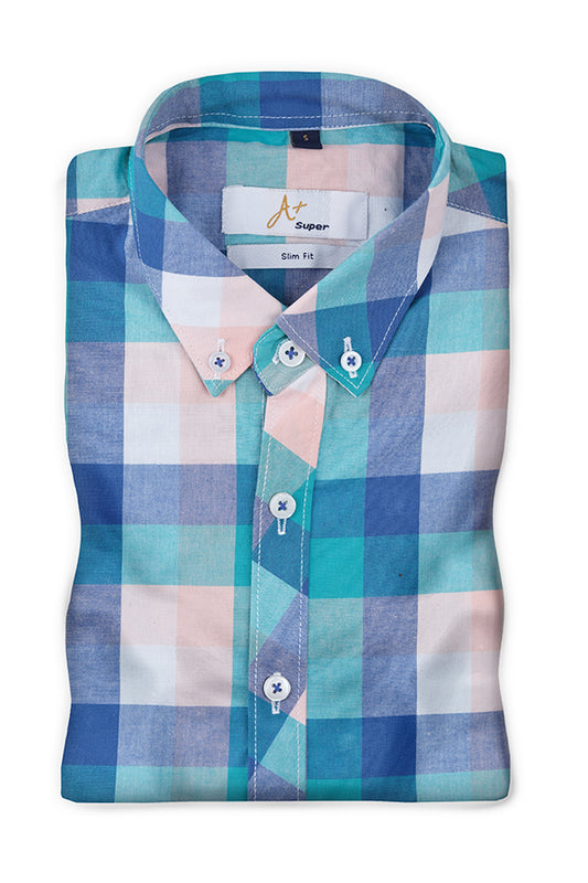 Blue & Aqua Marine Casual Check Shirt - Aruba+ Super  Smart Fit