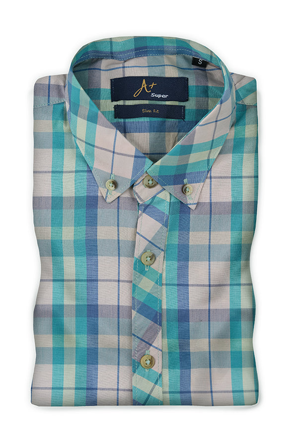 Grey Turquoise Blue Plaids Casual Shirt - Aruba+ Super  Smart Fit