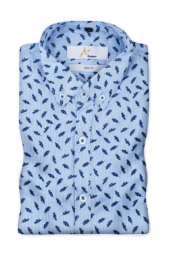 Blue Leaf Pattern Casual Shirt - Aruba+ Super  Smart Fit