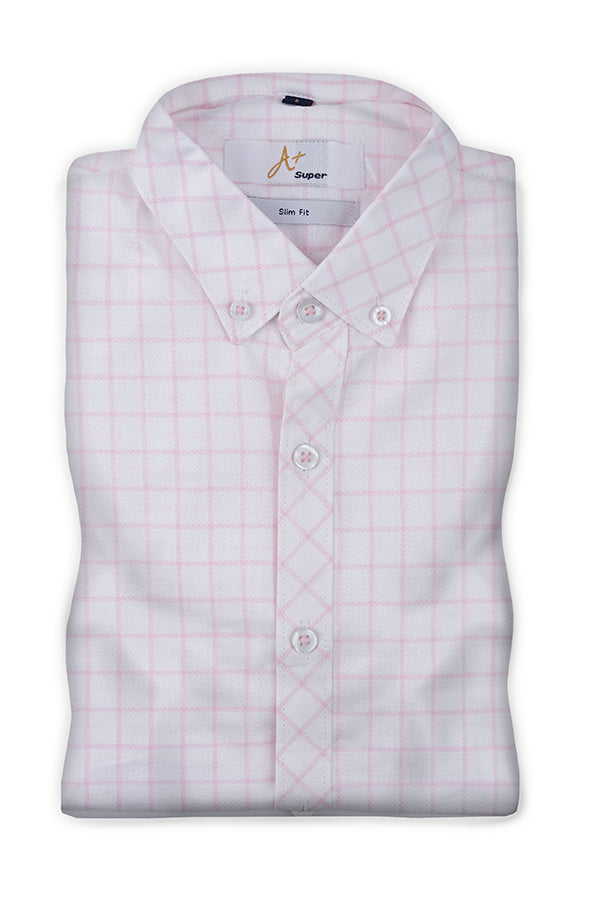 White Casual Shirt with Light Pink Grid Checks - Aruba+ Super  Smart Fit