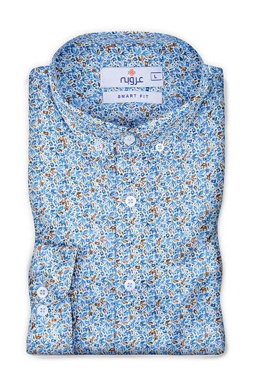 Blue Leaf Printed Pattern Casual Shirt - Aruba+ Super Smart Fit
