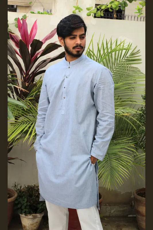 Sky Blue Self Linen Kurta For Men's