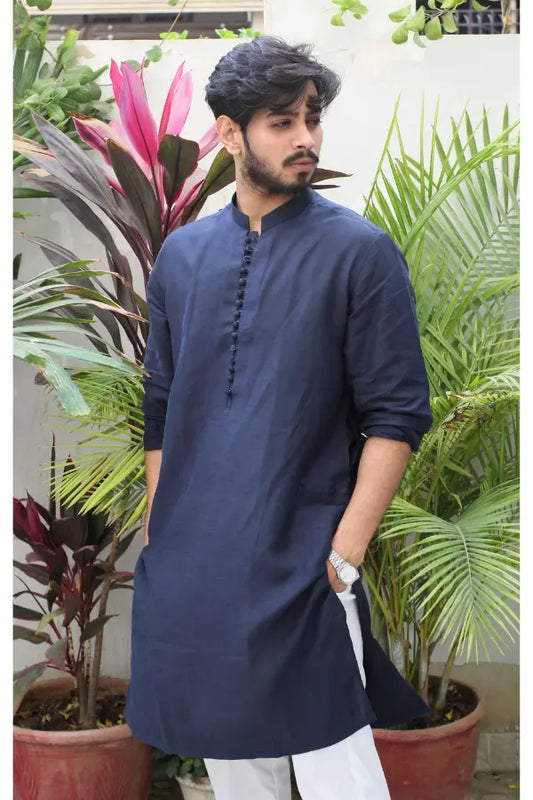 Navy Blue Linen Kurta For Men's