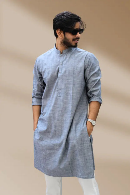 Blue Self Linen Kurta For Men's