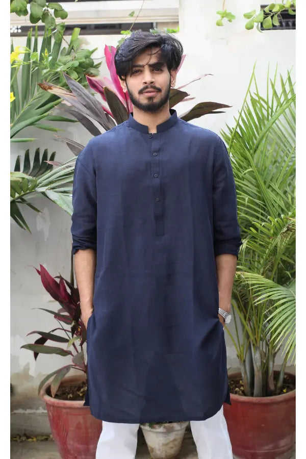 Dark Blue Linen Kurta For Men's