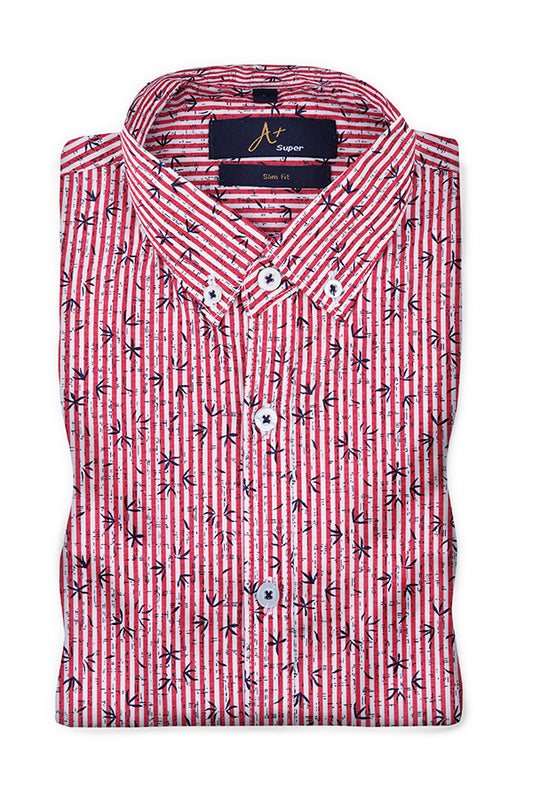 Leaf Pattern Over Red Stripes Casual Shirt - Aruba+ Super  Smart Fit