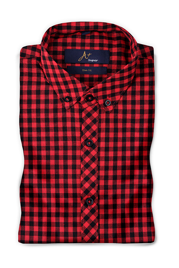 Gingham Red Black Check Casual Shirt - Aruba+ Super  Smart Fit