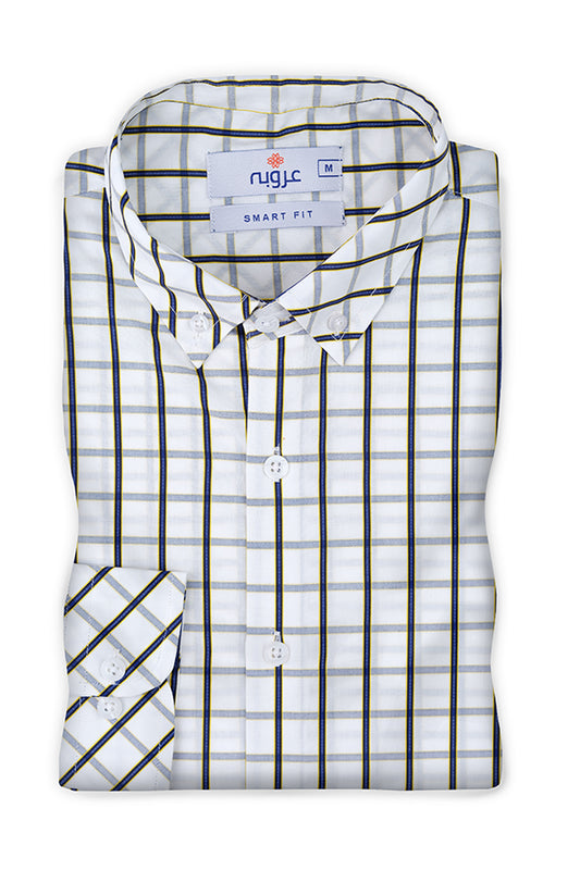 Rue Handmade Men's White Grey Check Cotton Button-Down Shirt - Casual Office Wear, Long Sleeve