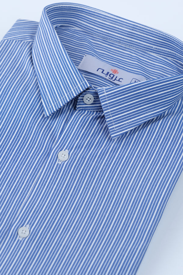 Blue with White Hairline Stripe Dress Shirt  Smart Fit