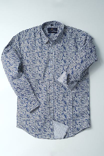 Blue Stripe Leaf Printed Pattern Casual Shirt - Aruba+ Super  Smart Fit