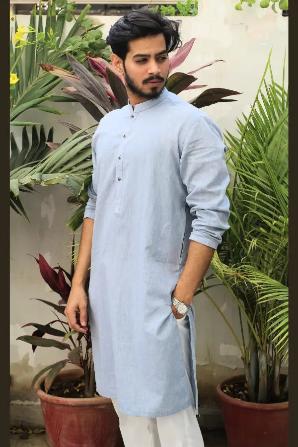 Sky Blue Self Linen Kurta For Men's