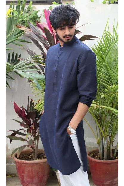 Dark Blue Linen Kurta For Men's