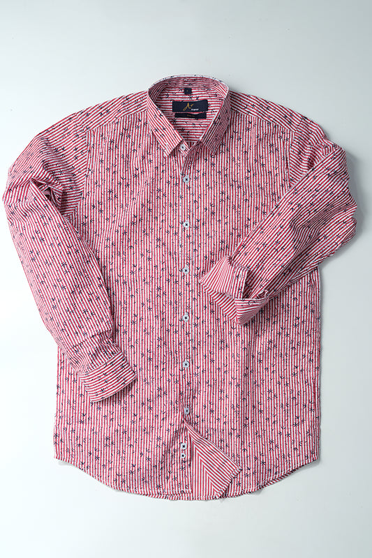 Leaf Pattern Over Red Stripes Casual Shirt - Aruba+ Super  Smart Fit